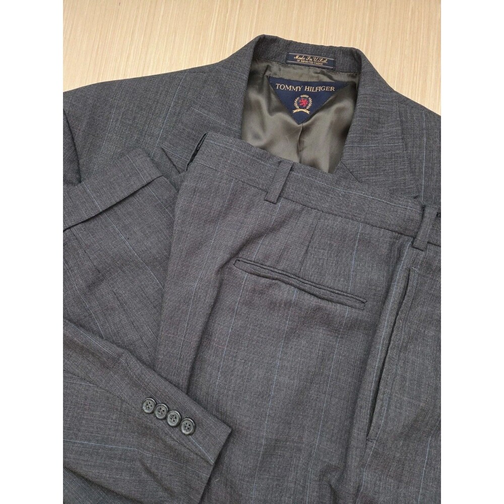 Vtg Tommy Hilfiger Men's 44R Union Made In USA Everyday Wool Stripe Suit Flawed